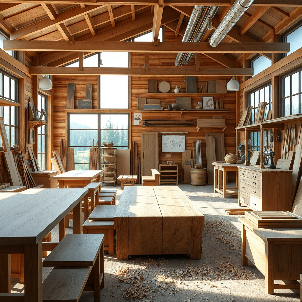 A photorealistic image showcasing a workshop filled with beautifully crafted wooden furniture pieces in various stages of completion. Natural light floods the space, highlighting the textures and grains of the wood. Composition should be balanced, showing both the finished products and the tools of the trade. The color palette consists of warm wood tones, complemented by the cool blues and greens of the surrounding environment visible through large windows. Camera angle: a wide shot capturing the entire workshop scene, with a shallow depth of field to focus on a central piece of furniture. Include details like wood shavings, tools hanging on the wall, and sketches of designs. Style: blending rustic charm with a modern, clean aesthetic. 4K resolution, high quality.