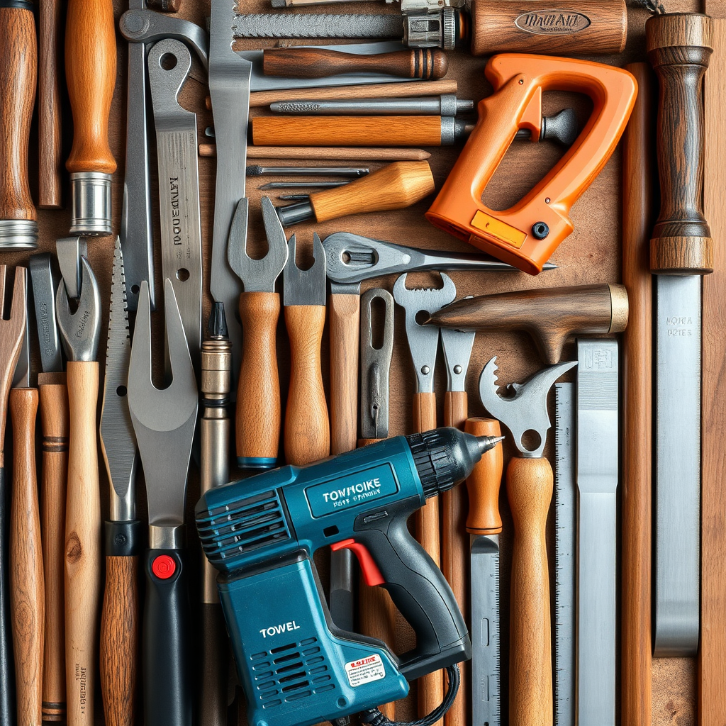 A photorealistic image showcasing a balanced arrangement of essential woodworking hand tools and power tools. Lighting should be even and clear to highlight the details of each tool. Composition should be organized and visually appealing. Color palette: metallic tones with contrasting wood handles. Camera angle: a medium shot capturing the entire arrangement. Style: informative and practical, helping woodworkers choose the right tools for their needs.