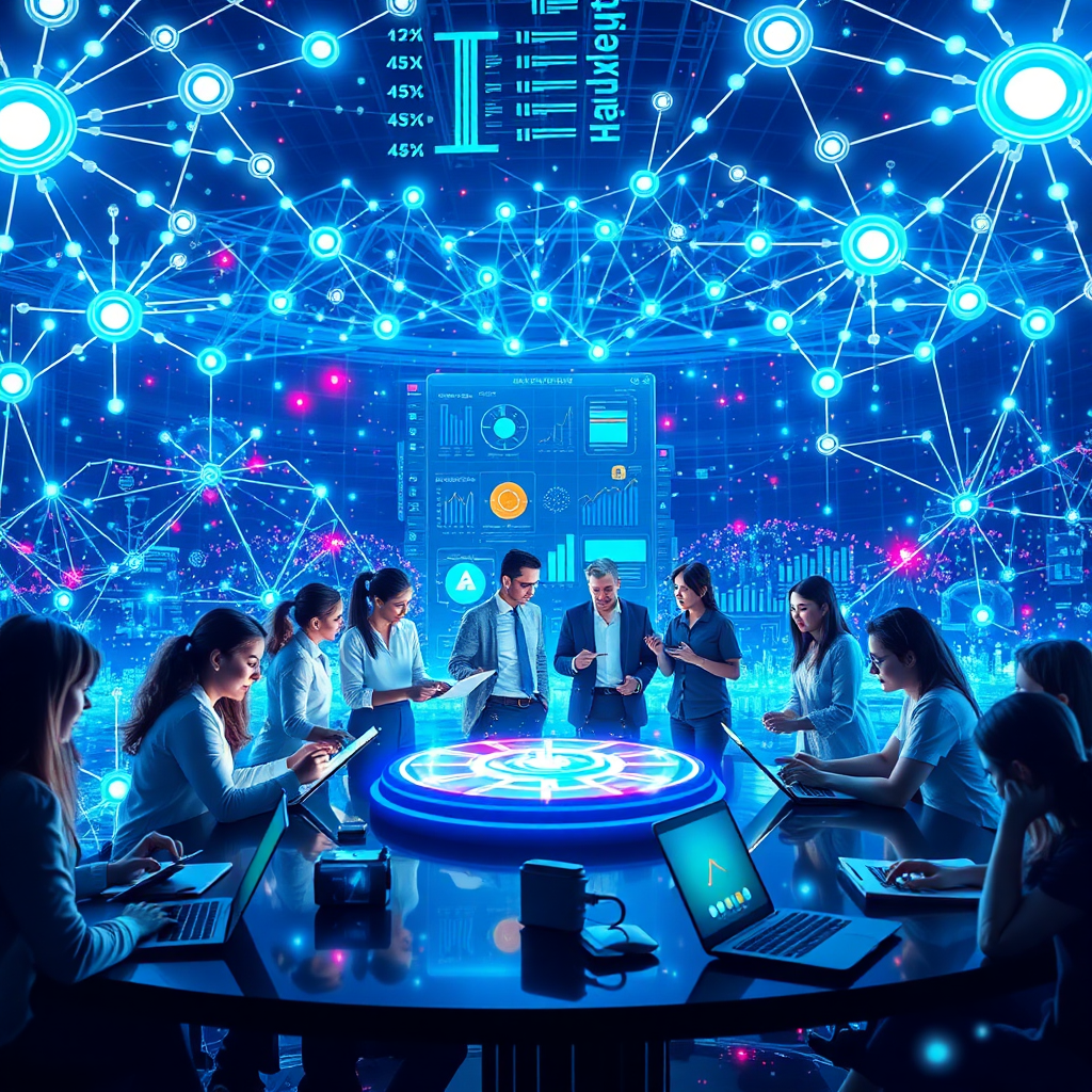 A photorealistic, ultra-high quality header image showcasing the AI Marketers Club. The scene depicts a futuristic digital landscape filled with glowing nodes and interconnected networks, symbolizing the power of AI in marketing. In the center, a diverse group of professionals collaborates around a holographic projection of marketing data. The lighting is vibrant and dynamic, with a color palette dominated by blues, greens, and purples. Shot from a slightly elevated angle, capturing the entire scene. The textures are crisp and detailed, highlighting the cutting-edge technology. Relevant props include futuristic laptops, tablets, and data visualizations. Inspired by the visual style of 'Tron: Legacy' and 'Minority Report'. Technical specs: 8K resolution, hyperrealistic rendering.
