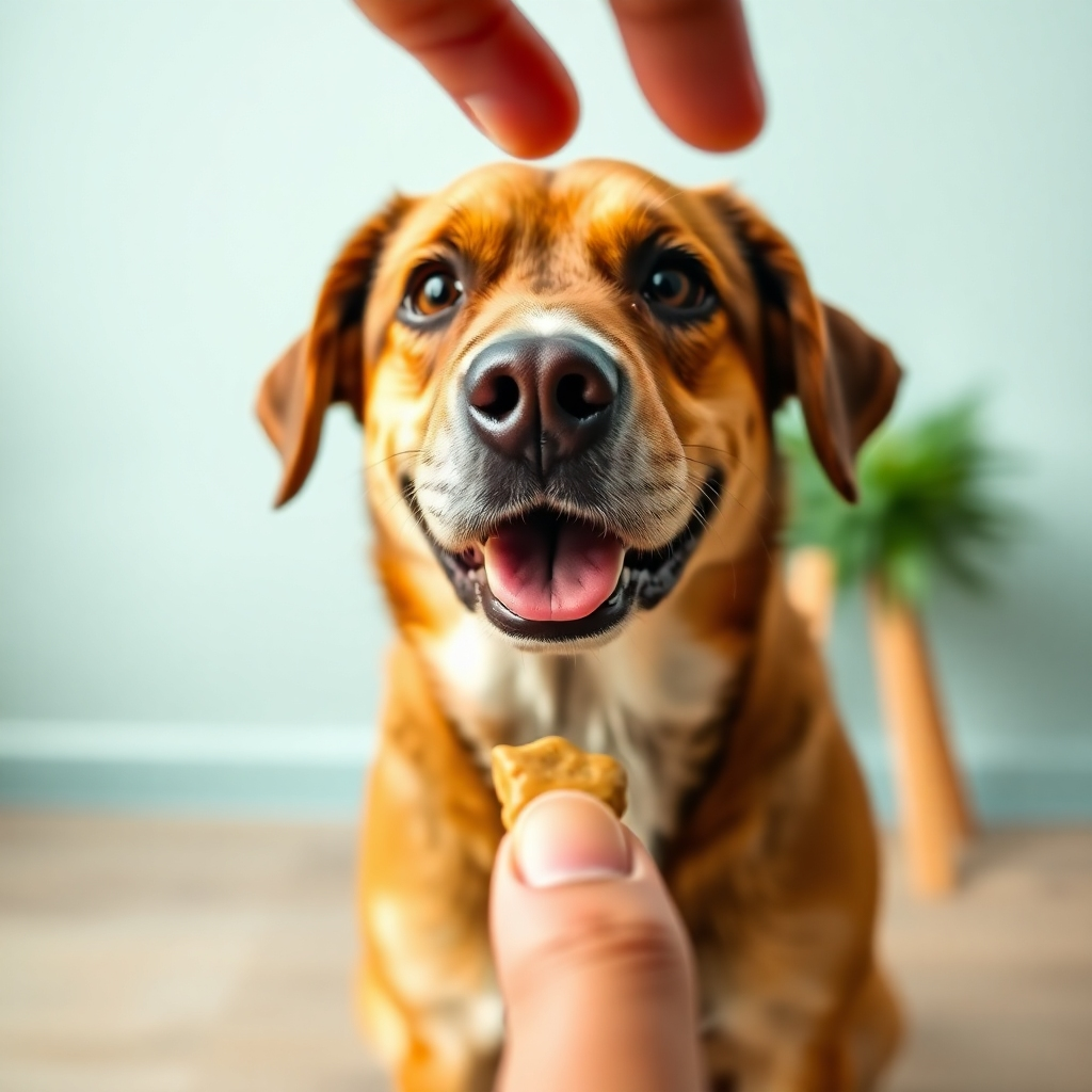  A slightly stylized image showing a happy dog sitting perfectly still and staring forward. The image shows a bright background, slightly blurred, with a person's hand in frame about to offer a treat. The angle is front facing and slightly elevated. Warm lighting and focus on the dog's face.
