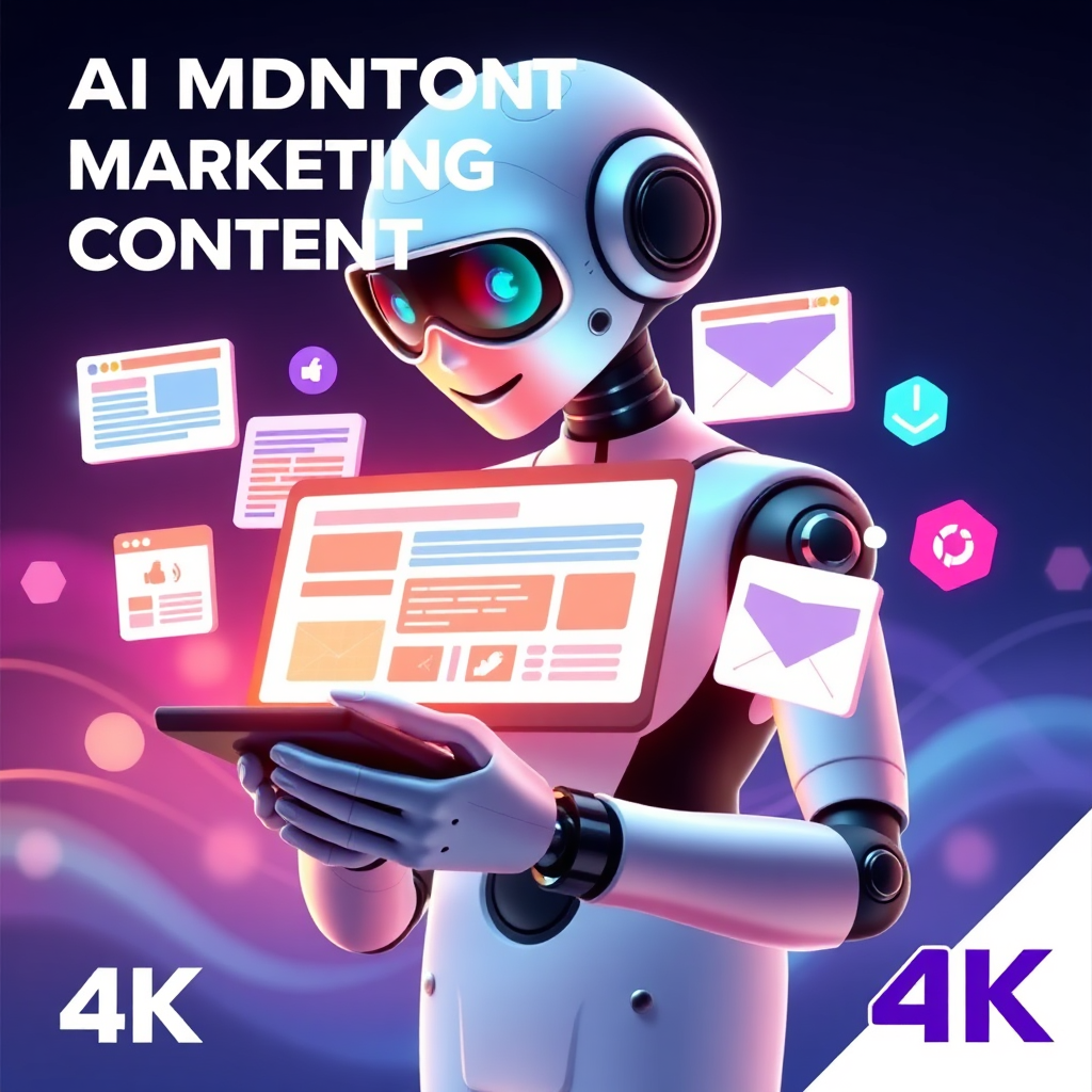 A stylized image depicting AI autonomously creating diverse marketing content. The scene features a sleek AI assistant generating blog posts, social media updates, and email newsletters. The color scheme is vibrant and diverse, reflecting the versatility of AI content creation. Lighting is dynamic and engaging, emphasizing innovation and creativity. Technical specifications: 4K resolution, high quality.