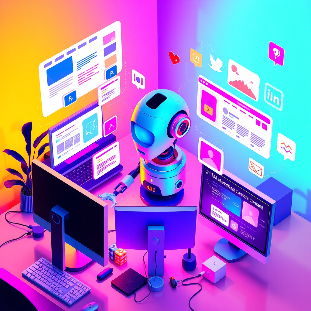A stylized image illustrating AI-powered content creation. The scene features an AI assistant generating marketing content across various platforms, including blogs, social media, and email. The color palette is vibrant and diverse, reflecting the versatility of AI. The lighting is dynamic and engaging, creating a sense of innovation and creativity. The image is shot from a high angle, capturing the entire content creation process. Relevant props include computers, monitors, and social media icons. Style references include graphic design and digital art. Technical specs: 4K resolution, high quality rendering.
