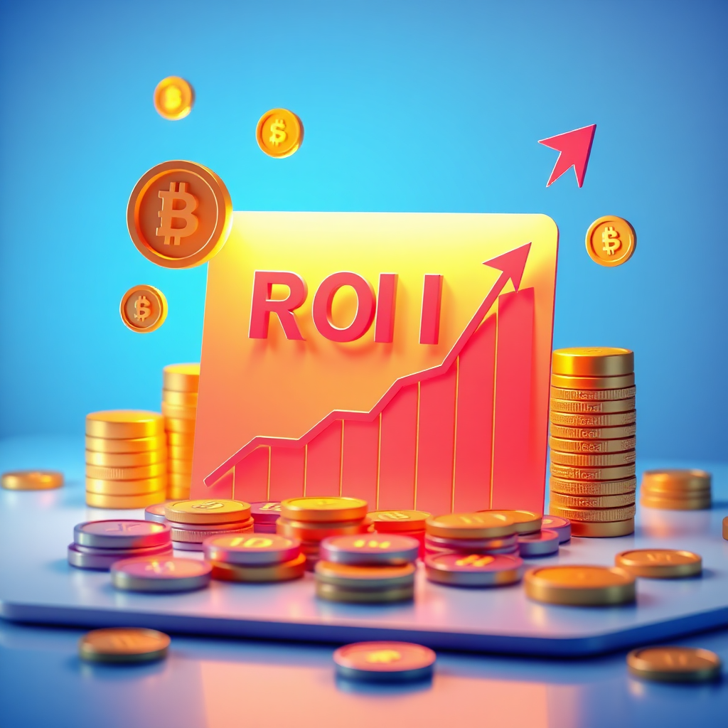 A stylized image illustrating ROI optimization. The scene features a graph showing the increase in ROI as a result of using AI tools. The color palette is bright and positive, reflecting the benefits of ROI optimization. The lighting is cheerful and inviting, creating a sense of confidence and success. The image is shot from a medium angle, capturing the graph and the surrounding environment. Relevant props include coins, charts, and graphs. Style references include graphic design and financial illustrations. Technical specs: 4K resolution, high quality rendering.