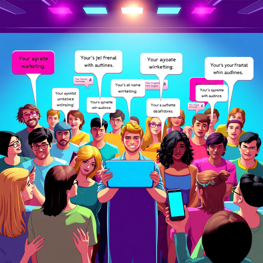  A stylized image illustrating personalized marketing. The scene features a target audience with personalized messages appearing above each individual. The color palette is vibrant and diverse, reflecting the unique preferences of each audience member. The lighting is bright and cheerful, creating a sense of optimism and engagement. The image is shot from a high angle, capturing the entire audience. Relevant props include smartphones, laptops, and social media icons. Style references include pop art and graphic design. Technical specs: 4K resolution, high quality rendering.
