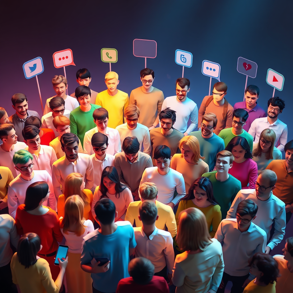 A stylized image illustrating customer segmentation. The scene features a diverse group of customers segmented into different categories based on their interests and behaviors. The color palette is varied and inclusive, reflecting the diversity of the audience. The lighting is soft and inviting, creating a sense of connection and understanding. The image is shot from a high angle, capturing the entire customer base. Relevant props include smartphones, laptops, and social media icons. Style references include graphic design and digital art. Technical specs: 4K resolution, high quality rendering.
