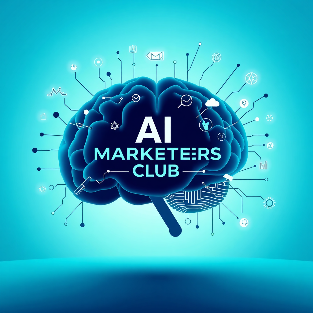 A stylized image representing the core mission of AI Marketers Club. The scene features a brain silhouette overlaid with digital circuits and marketing icons. The color palette is clean and modern, with a focus on blues, greens, and whites. The lighting is soft and diffused, creating a sense of trust and innovation. The image is shot from a head-on angle, emphasizing the brain's central role. Textures are smooth and polished, reflecting the sophistication of AI technology. Relevant props include digital graphs, charts, and data streams. Style references include minimalist tech illustrations. Technical specs: 4K resolution, high quality rendering.