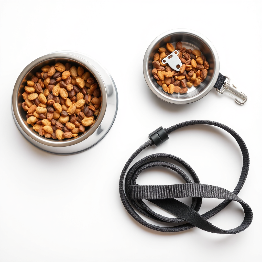 A visually appealing arrangement of basic pet necessities: a stainless steel food bowl filled with dry food, a water bowl with fresh water, a durable nylon collar with an attached ID tag, and a sturdy leash. The background is a clean, minimalist white surface. The lighting is bright and even, highlighting the quality and functionality of each item. Style: Minimalist, clean, essential. Specs: 4K resolution.