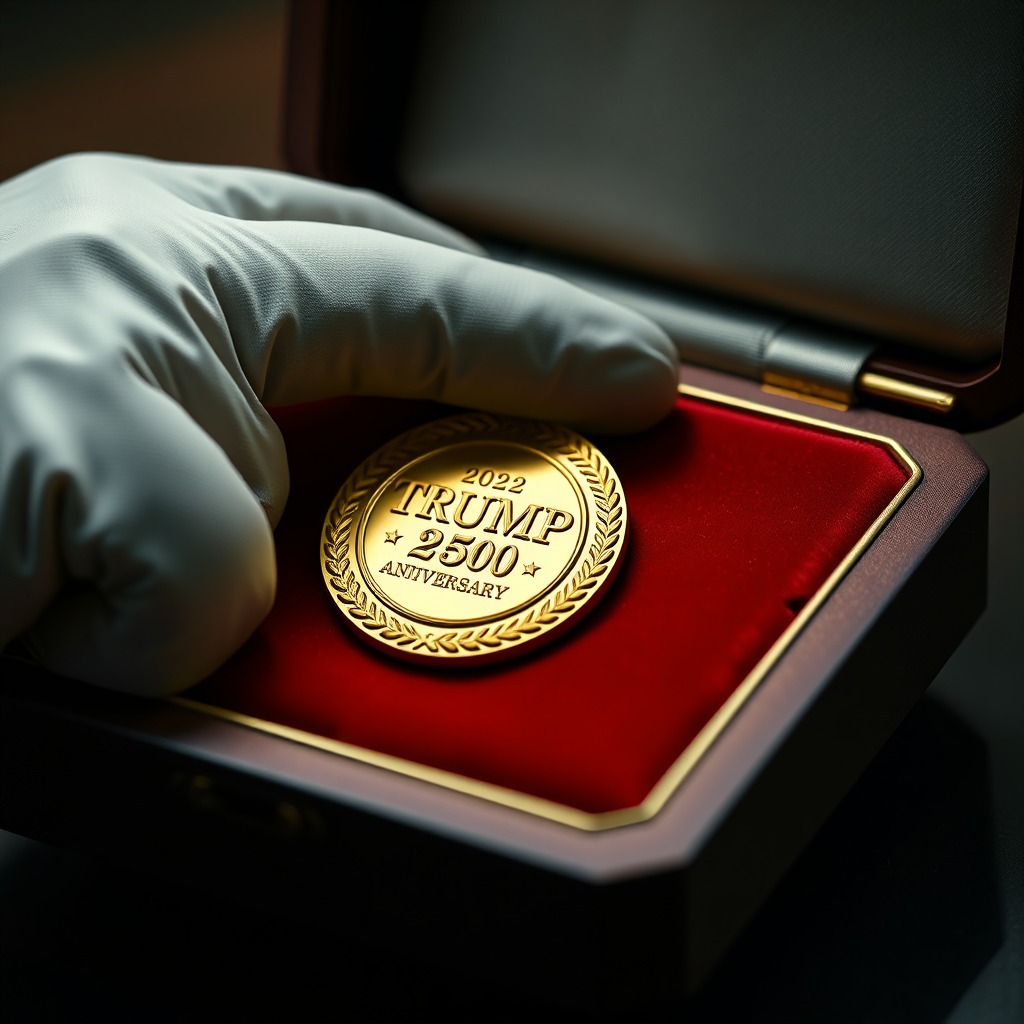  Create a photorealistic image of a gloved hand carefully placing the Trump 250th Anniversary Golden Badge into a velvet-lined display case. Composition: Close-up shot focusing on the hand and the badge. Lighting: Soft, focused lighting highlighting the details of the badge. Color palette: Gold, deep red (from the velvet), and neutral tones. Camera angle: Eye-level, close-up. Textures: Emphasize the textures of the gold badge and the velvet lining. Style: Sophisticated and exclusive. Technical specs: 4K resolution, high quality.