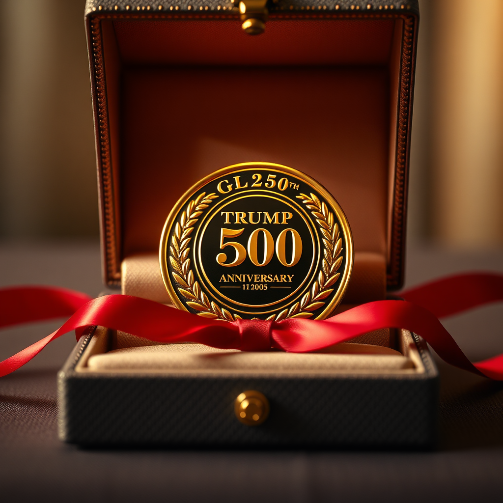 Create a photorealistic image of the Trump 250th Anniversary Golden Badge presented in an elegant gift box with a red ribbon. Composition: The badge is displayed prominently in the open gift box. Lighting: Soft, ambient lighting creating a sense of luxury and celebration. Color palette: Gold, red, and neutral tones. Camera angle: Medium shot. Textures: Focus on the textures of the gold badge, the gift box, and the ribbon. Style: Elegant and festive. Technical specs: 4K resolution, high quality.