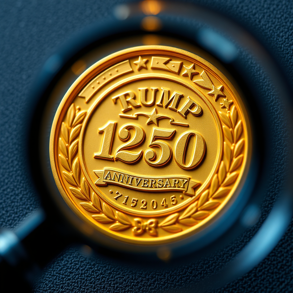 Create a photorealistic image showcasing the intricate details of the Trump 250th Anniversary Golden Badge under a magnifying glass. Composition: Close-up shot focusing on the fine details of the badge, magnified to reveal its craftsmanship. Lighting: Bright, focused lighting highlighting the details under magnification. Color palette: Gold. Camera angle: Extreme close-up. Textures: Emphasize the textures of the gold and the precision of the design. Style: Detailed and technical. Technical specs: 4K resolution, high quality.
