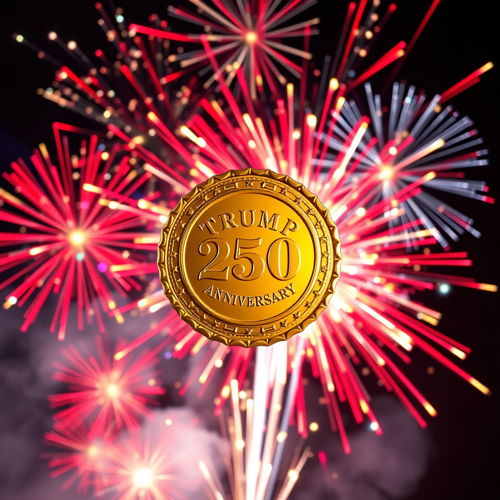  Create a photorealistic image featuring the Trump 250th Anniversary Golden Badge against a backdrop of fireworks in patriotic colors (red, white, and blue). Composition: The badge is in the center, with the fireworks exploding around it, creating a sense of celebration. Lighting: Bright, colorful lighting from the fireworks illuminating the badge. Color palette: Gold, red, white, and blue. Camera angle: A wide shot to capture the full display of fireworks and the badge. Textures: Focus on the textures of the badge and the sparkling effect of the fireworks. Style: Festive and patriotic. Technical specs: 4K resolution, high quality.