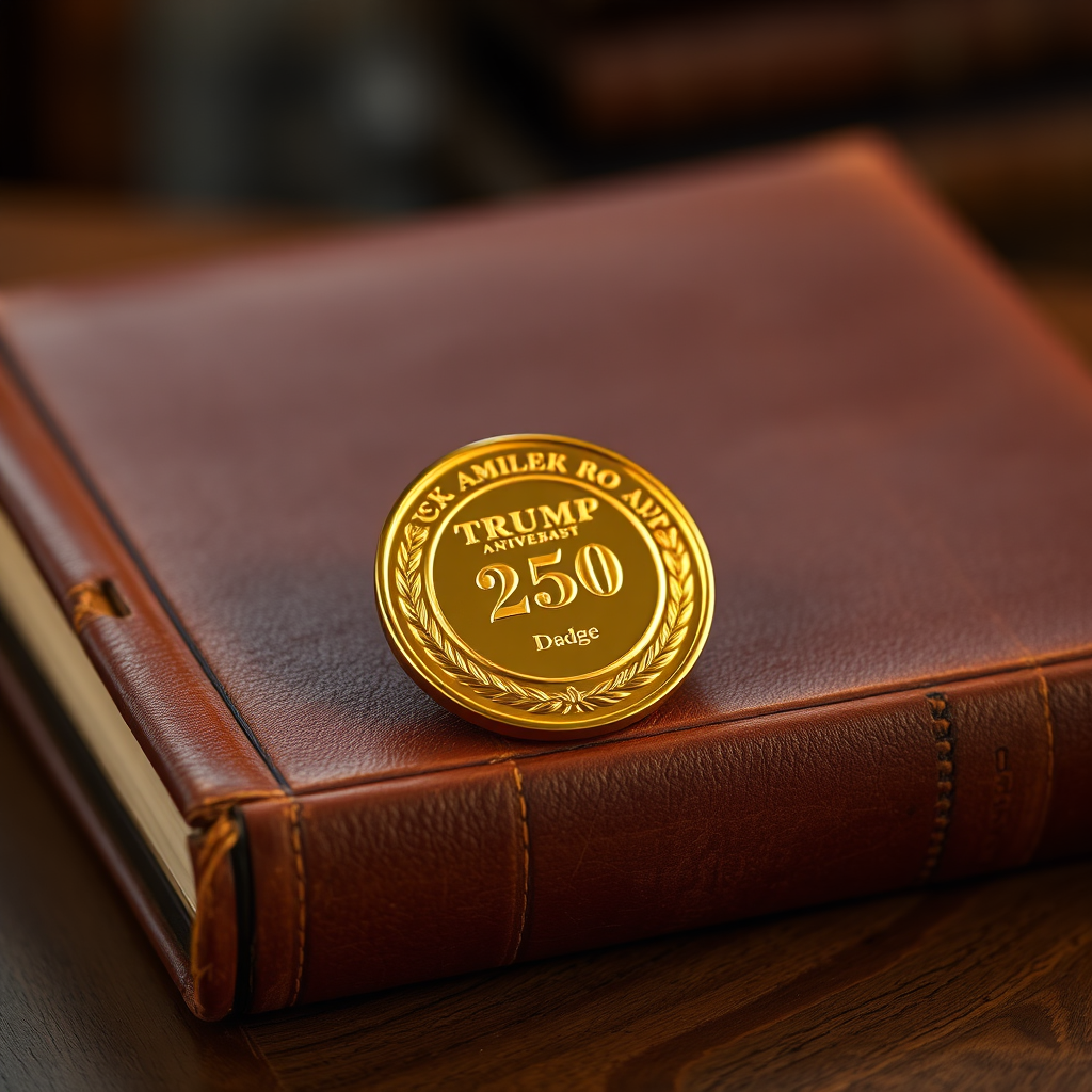  Create a photorealistic image of the Trump 250th Anniversary Golden Badge displayed alongside an aged, leather-bound book about American history. Composition: The badge rests gently on the book, creating a visual connection between history and the collectible. Lighting: Warm, ambient lighting to evoke a sense of nostalgia and heritage. Color palette: Gold, warm brown, and neutral tones. Camera angle: A medium shot, capturing both the badge and the book. Textures: Focus on the textures of the gold badge and the leather book. Style: Classic and historical. Technical specs: 4K resolution, high quality.