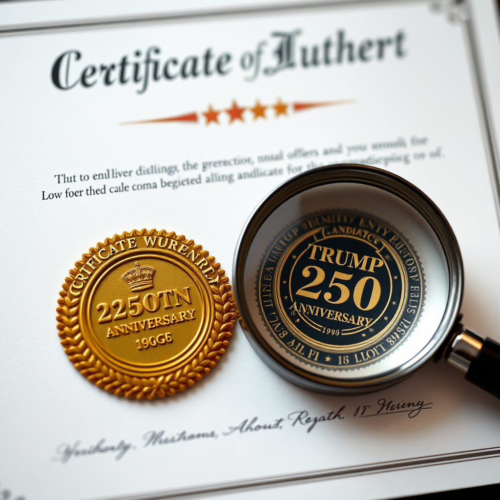 Create a photorealistic image of a certificate of authenticity next to the Trump 250th Anniversary Golden Badge, with a magnifying glass highlighting the details. Composition: Close-up shot focusing on the certificate and the badge. Lighting: Soft, focused lighting. Color palette: Neutral tones with gold accents. Camera angle: Eye-level. Textures: Focus on the textures of the certificate and the badge. Style: Authentic and trustworthy. Technical specs: 4K resolution, high quality.