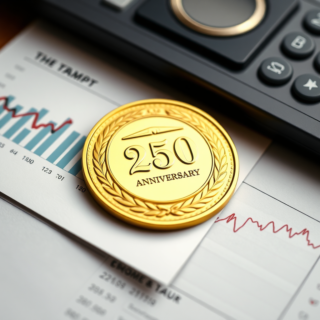 Create a photorealistic image of the Trump 250th Anniversary Golden Badge resting on top of financial documents and charts. Composition: The badge is centrally placed on top of the documents, symbolizing its value as an investment. Lighting: Sharp, focused lighting emphasizing the details of the badge. Color palette: Gold, with neutral tones from the documents. Camera angle: Close-up shot. Textures: Focus on the textures of the gold badge and the paper documents. Style: Professional and financial. Technical specs: 4K resolution, high quality.