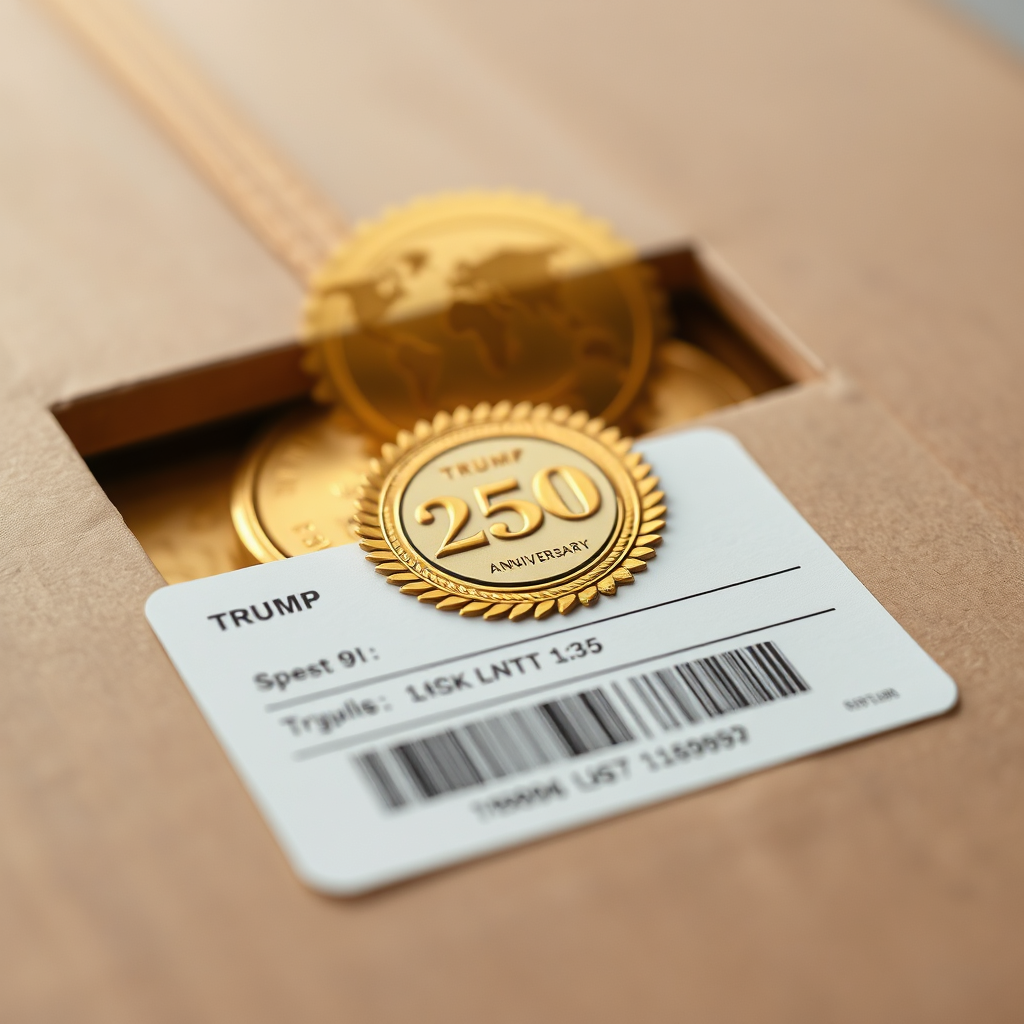 Create a photorealistic image of a shipping label on a package with the Trump 250th Anniversary Golden Badge inside, with a subtle overlay of a world map. Composition: Medium shot focusing on the label and the package. Lighting: Bright, clear lighting. Color palette: Neutral tones with gold accents. Camera angle: Eye-level. Textures: Focus on the textures of the label and the package. Style: Professional and reliable. Technical specs: 4K resolution, high quality.