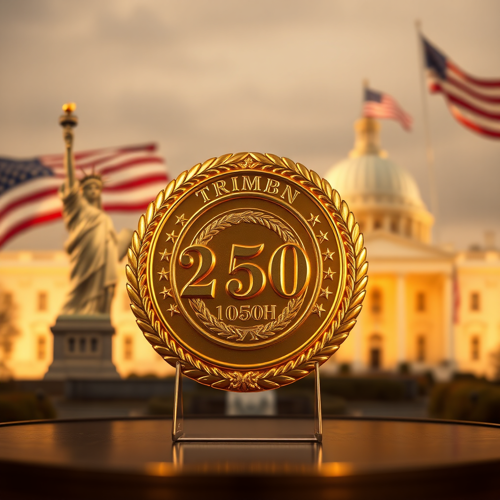 Create a photorealistic image showcasing the Trump 250th Anniversary Golden Badge. Subject: The badge is displayed against a backdrop of iconic American landmarks subtly blended together (e.g., the Statue of Liberty, the White House). Composition: the badge should be in sharp focus in the foreground, with the background elements providing context and visual interest. Lighting: warm, golden lighting to emphasize the badge's value and importance. Color palette: primarily gold, with muted tones of red, white, and blue in the background. Camera angle: a medium shot, capturing the badge and a portion of the background. Textures: focus on the textures of the badge, ensuring it appears realistic and high-quality. Environment: suggestive of a sophisticated collector's display. Style: clean, elegant, and patriotic. Technical specs: 4K resolution, high quality.