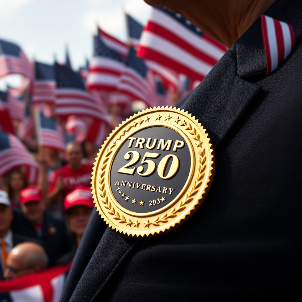 Create a photorealistic image of the Trump 250th Anniversary Golden Badge displayed on a lapel, set against the backdrop of a crowd waving American flags. Composition: The badge on the lapel is the focal point, with the crowd and flags creating a sense of patriotism and support. Lighting: Natural lighting, as if taken during a rally or event. Color palette: Gold, red, white, and blue. Camera angle: Medium shot. Textures: Emphasize the textures of the gold badge and the fabric of the lapel. Style: Patriotic and supportive. Technical specs: 4K resolution, high quality.