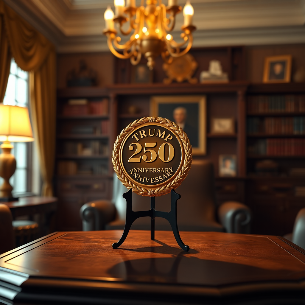 Create a photorealistic image of the Trump 250th Anniversary Golden Badge displayed on a stand in a well-lit study or office. Composition: The badge is prominently displayed on the stand, with bookshelves and other decorative elements in the background. Lighting: Warm, inviting lighting creating a sense of sophistication and pride. Color palette: Gold, warm browns, and neutral tones. Camera angle: Medium shot. Textures: Focus on the textures of the gold badge, the stand, and the surrounding elements. Style: Sophisticated and elegant. Technical specs: 4K resolution, high quality.