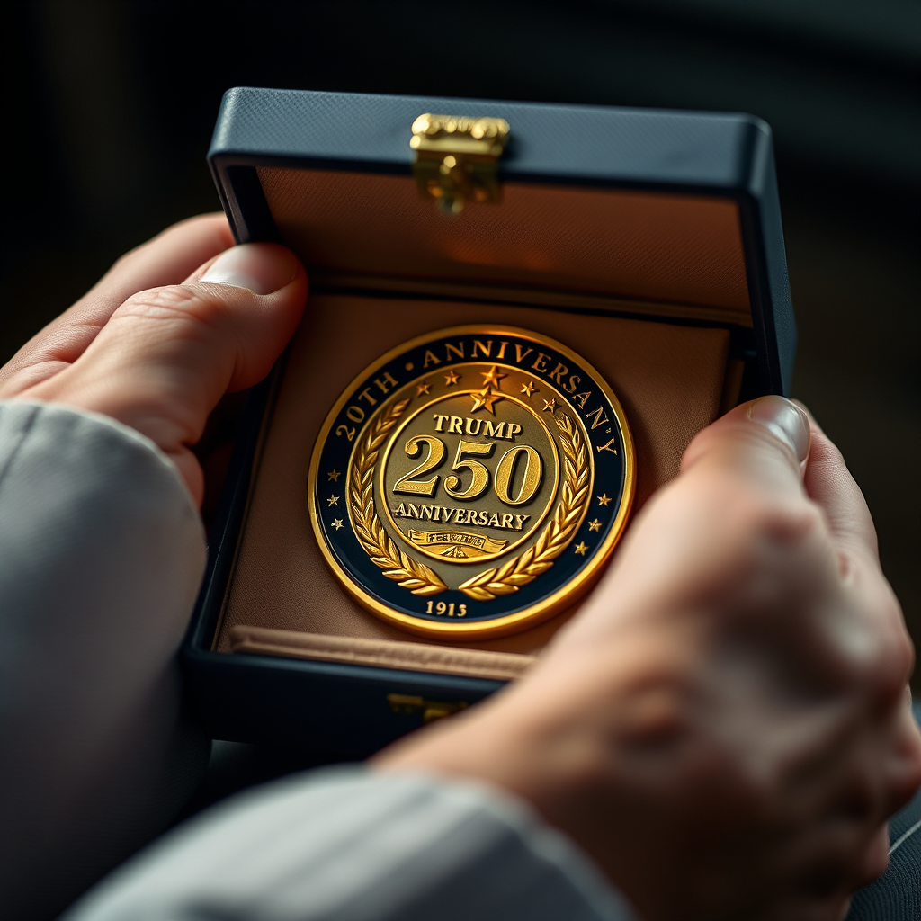Create a photorealistic image of the Trump 250th Anniversary Golden Badge being carefully placed inside a sturdy, protective box. Composition: Close-up shot focusing on the badge being handled with care. Lighting: Soft, diffused lighting. Color palette: Neutral tones with gold accents. Camera angle: Eye-level. Textures: Focus on the textures of the packaging materials. Style: Secure and reliable. Technical specs: 4K resolution, high quality.