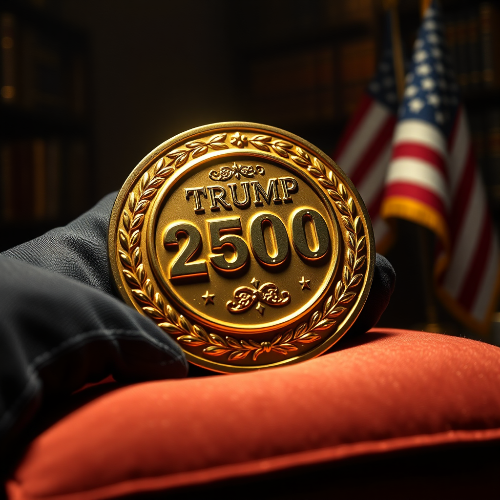 Create a photorealistic, ultra-high-quality header image. The subject is a gleaming, golden commemorative badge celebrating Trump's role in the 250th anniversary. Composition: the badge should be prominently displayed, perhaps resting on a velvet cushion or held in a gloved hand. Lighting: dramatic, with soft highlights accentuating the gold's texture and intricate details. Color palette: primarily gold, with accents of red, white, and blue to evoke American patriotism. Camera angle: a close-up, slightly angled to showcase the badge's depth and design. Textures: the gold should appear highly polished and reflective, with subtle imperfections adding to its realism. Environment: a dimly lit room with a background suggesting historical significance, such as bookshelves or a flag. Prop: include a small American flag partially blurred in the background. Style: similar to promotional images for high-end collectibles. Technical specs: 8K resolution, hyperrealistic.