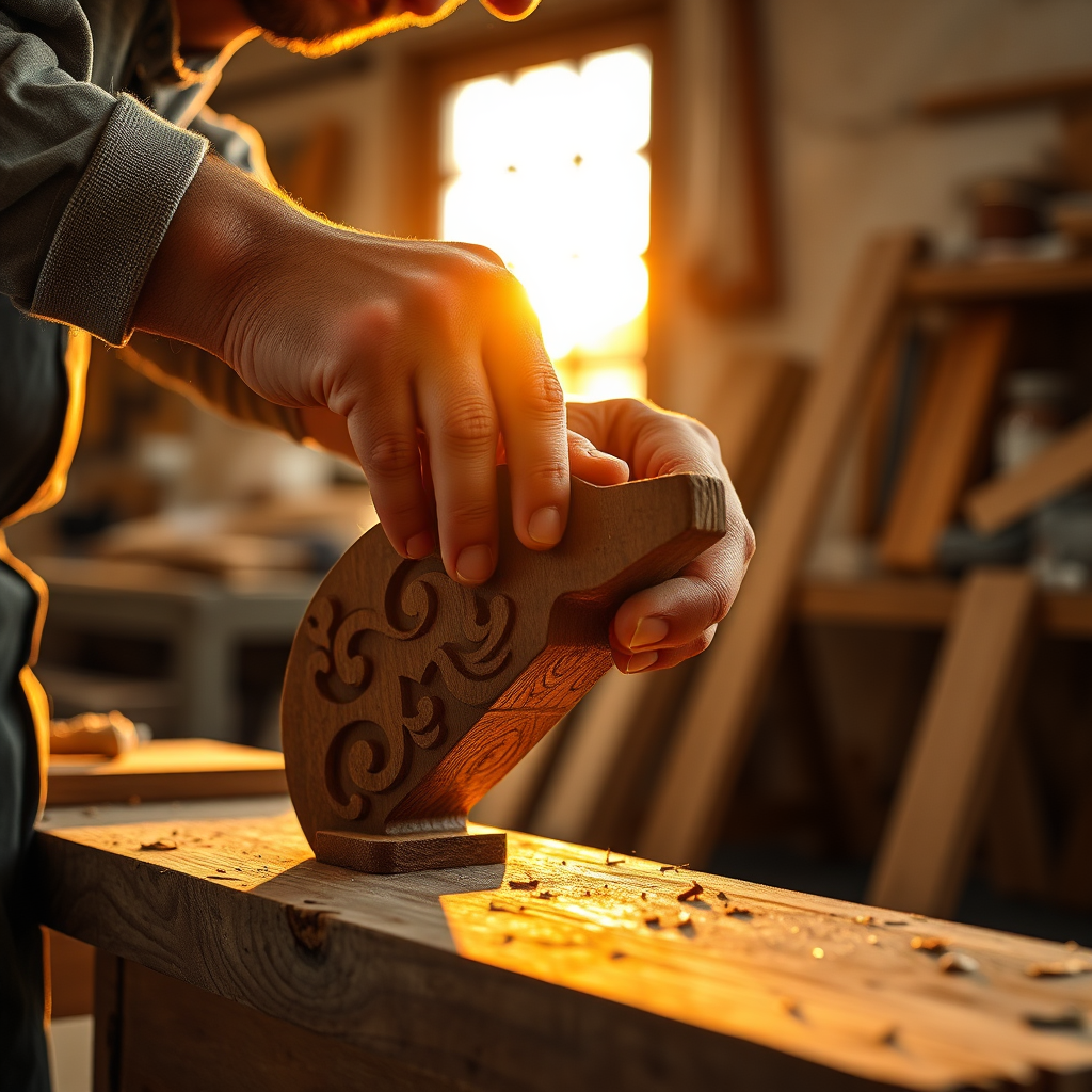 Create a photorealistic, ultra-high-quality 8K header image for a woodworking and construction company. The subject is a craftsman's hands meticulously joining two pieces of intricately carved wood, bathed in the warm, golden light of a sunset filtering through a workshop window. The composition should emphasize the precision and artistry of the woodworking process. Color palette leans towards natural wood tones, accented by the warm hues of the sunset. Camera angle: a close-up, slightly low angle to showcase the textures and details of the wood grain and the craftsman's hands. The background should be a softly blurred workshop environment with visible tools and partially finished projects. Style reference: a blend of classic woodworking aesthetics and modern photography techniques. Details like wood shavings, the gleam of polished tools, and the texture of the craftsman's worn hands are crucial. Hyperrealistic rendering to capture the essence of craftsmanship.