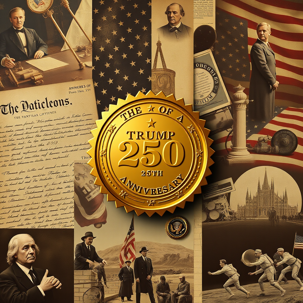 Create a stylized image representing the passage of time and American history. The Trump 250th Anniversary Golden Badge is subtly integrated into a collage of historical American images (e.g., Declaration of Independence, moon landing). Composition: The badge is not the main focus but is an integral part of the historical narrative. Lighting: Soft, diffused lighting to blend the elements seamlessly. Color palette: Sepia tones mixed with gold accents. Camera angle: A wide shot capturing the entire collage. Textures: Mix of textures from different historical artifacts. Style: Vintage and historical. Technical specs: 4K resolution, high quality.