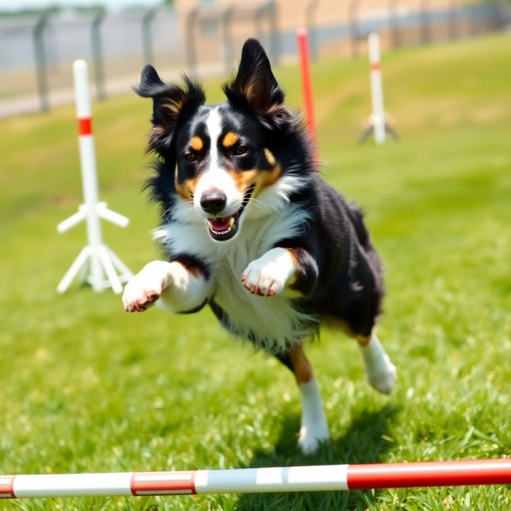  Photorealistic action shot of a Border Collie skillfully navigating an agility course, jumping over a hurdle with focus and enthusiasm. The environment should be an outdoor training facility with lush green grass. Bright, natural lighting. Camera angle: Low angle to emphasize the dog's athleticism. Capture the texture of the dog's fur and the dynamic movement. 4K resolution, high quality.