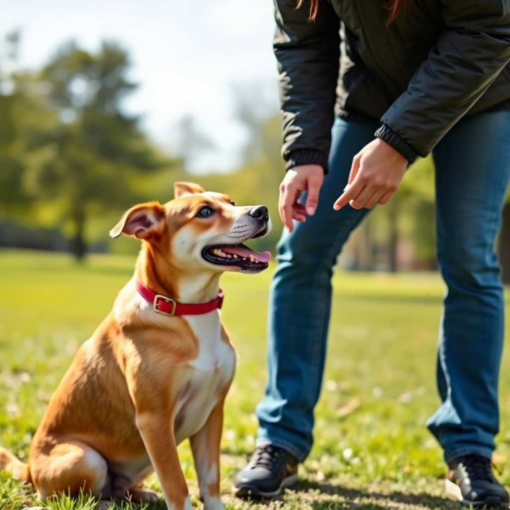 Photorealistic image of a dog performing the 'sit' command perfectly, with the owner giving a treat. The environment is a park setting. Bright, natural lighting. Focus on the positive interaction. Style: Emphasize precision and control. 4K resolution, high quality.