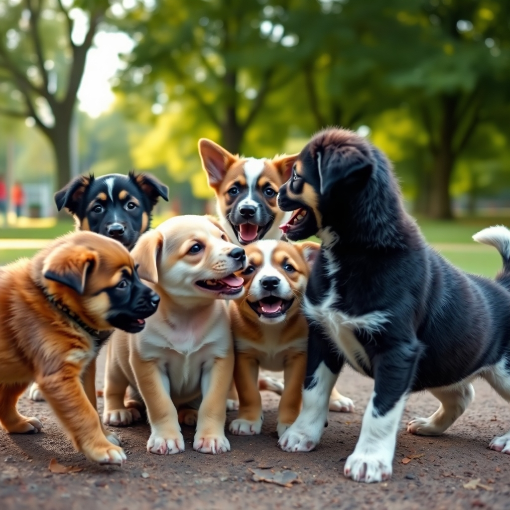 Photorealistic image of a group of puppies of different breeds playing together in a park. The puppies are interacting positively. Soft, natural lighting. Focus on the playful interaction. Camera angle: Low angle to capture the puppies' perspective. Style: Emphasize the joy of socialization. 4K resolution, high quality.
