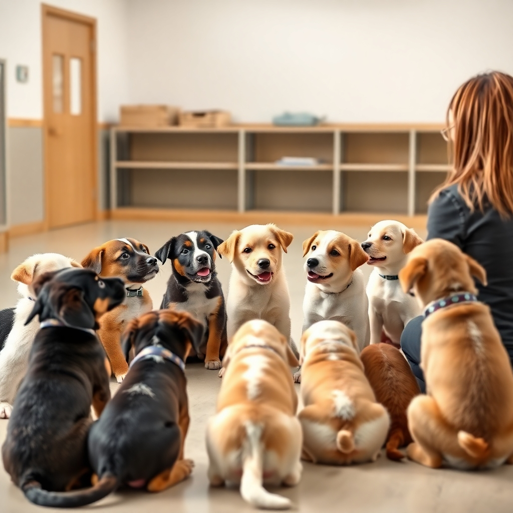 Photorealistic image of a group of puppies sitting in a circle, attentively listening to a trainer. The puppies are of various breeds. The training facility is bright and clean. Soft, natural lighting. Style: Positive and engaging. 4K resolution, high quality.