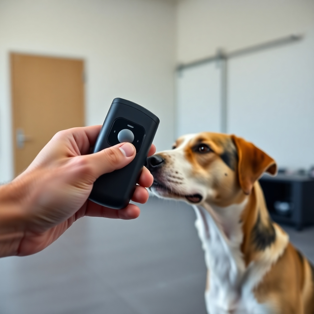 Photorealistic image of a person holding a clicker with a dog attentively watching. Focus on the clicker and the dog's expression. Soft, diffused lighting. The background is a training facility. Style: Clean and informative. 4K resolution, high quality.