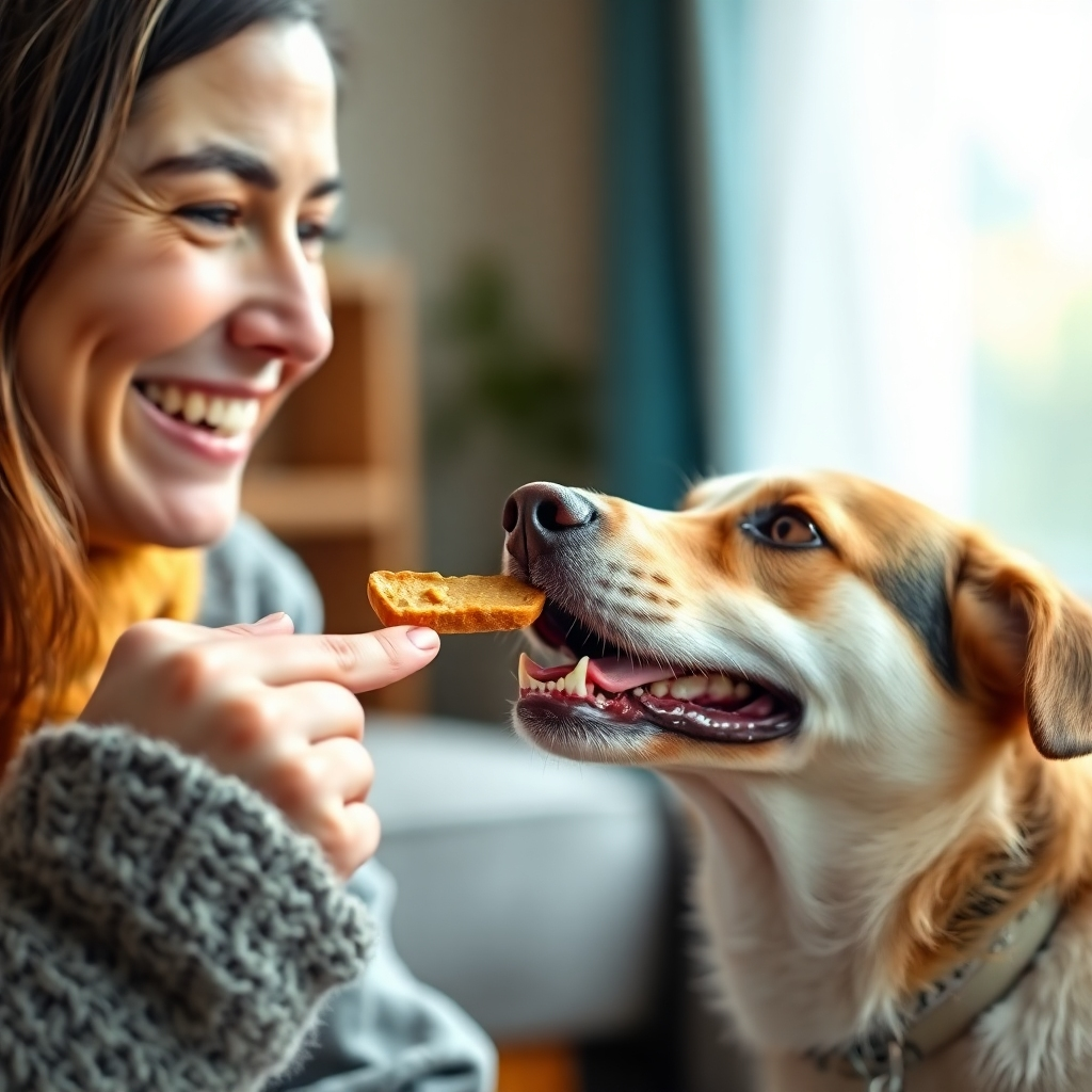 Photorealistic image of a person giving a dog a treat with a warm smile. The dog is looking up with anticipation. The background is blurred, suggesting a cozy home environment. Soft, natural lighting. Focus on the positive interaction and the texture of the dog's fur and the treat. Style: Emphasize warmth and affection. 4K resolution, high quality.