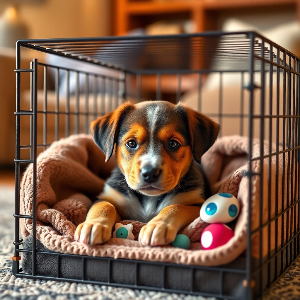 Photorealistic image of a puppy calmly resting inside a comfortable crate with a soft blanket and toys. The crate is in a living room setting. Soft, warm lighting. Focus on the puppy's relaxed expression. Style: Emphasize comfort and security. 4K resolution, high quality.