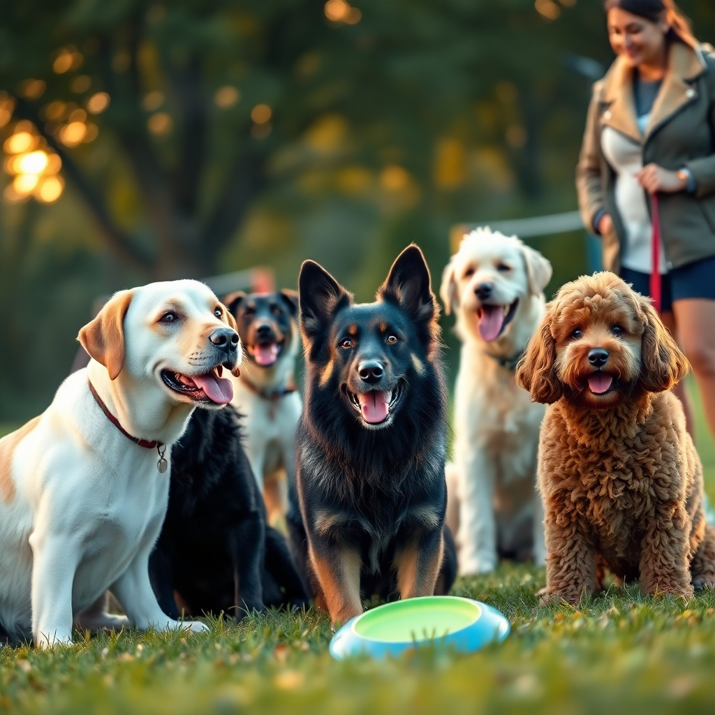 Photorealistic, ultra-high quality 8K image showcasing a diverse group of dogs (Labrador, German Shepherd, Poodle) in a park-like setting, attentively listening to their owners. The owners are of various ethnicities, reflecting inclusivity. The composition should emphasize the strong bond between pets and their owners. Golden hour lighting with a soft, warm glow. Focus on capturing the texture of the dogs' fur and the joyful expressions on their faces. Include training props like frisbees and agility course elements blurred in the background. The camera angle should be slightly low, emphasizing the dogs' importance. Style: Hyperrealistic rendering, reminiscent of professional wildlife photography. The environment should be lush and inviting, suggesting a positive and supportive training atmosphere.