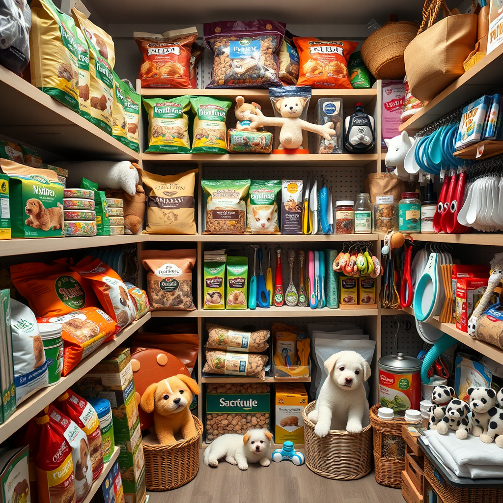 Showcase a diverse range of curated pet products, including food, toys, grooming tools, and accessories. Arranged neatly in a pet supply store. Focus on organization, quality, and variety, indicating a careful selection process. Light from the shelves emphasizes the product. Resolution: 4k