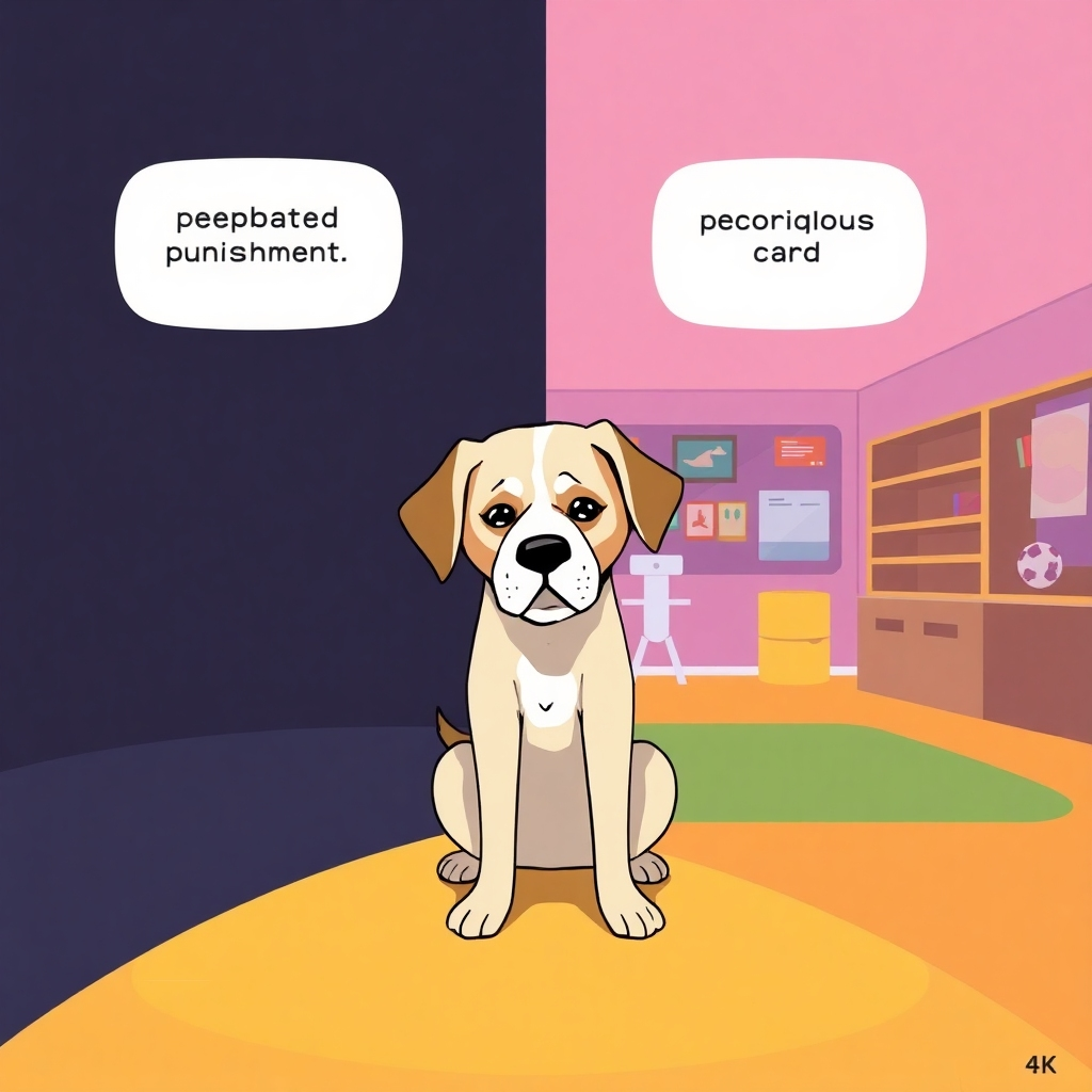 Stylized illustration depicting a sad dog in a darkened room, contrasted with a bright room showing positive training techniques. Use a split-screen effect. Color palette: Muted colors for the punishment side, vibrant colors for the positive side. Style: Emphasize the emotional impact of different training methods. 4K resolution.