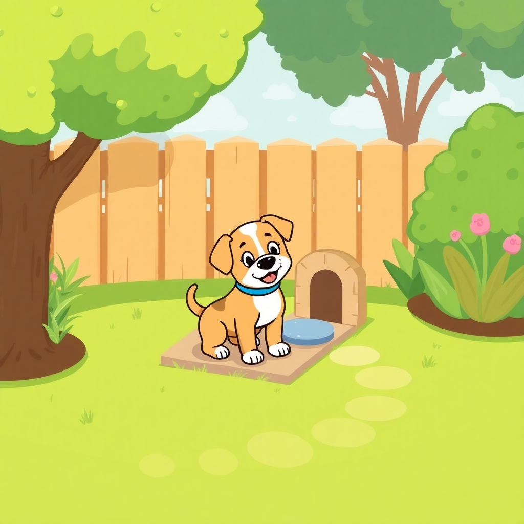 Stylized illustration depicting a puppy successfully using a designated potty area in a backyard. The illustration is colorful and engaging. Style: Emphasize positive reinforcement. 4K resolution.