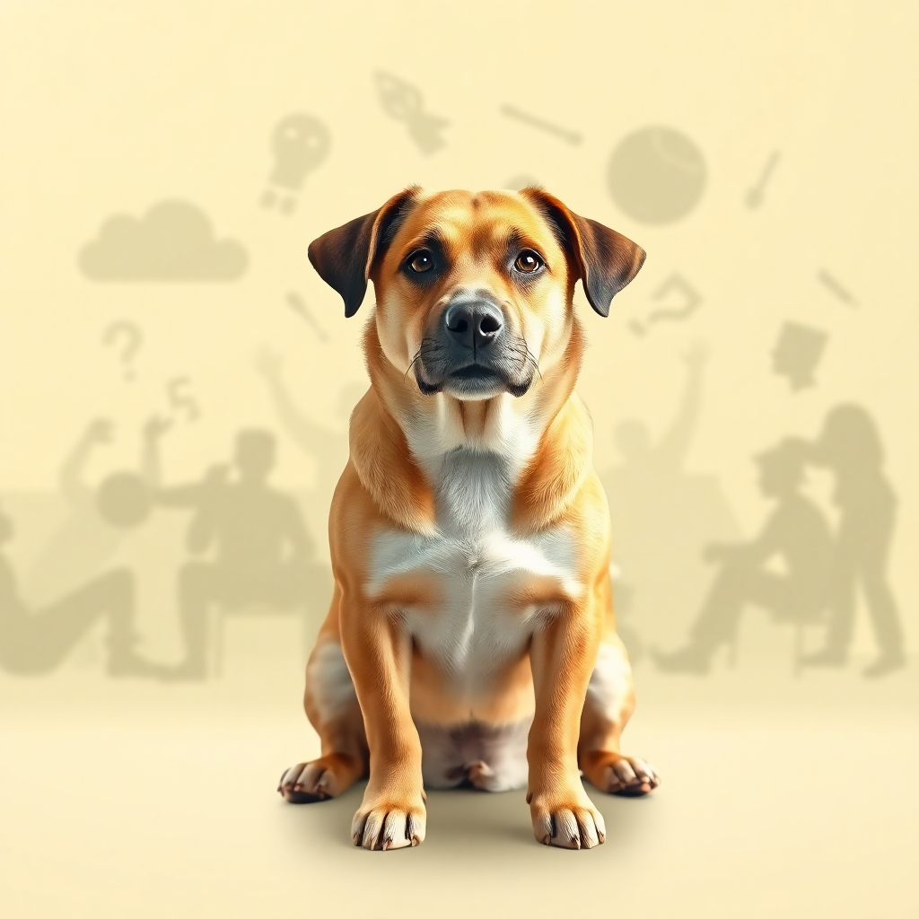 Stylized image showing a calm dog sitting peacefully in a relaxed pose, overcoming a background of chaotic and anxious situations faded out. Soft lighting, calming color palette. Style: Emphasize problem-solving and peacefulness. 4K resolution, high quality.