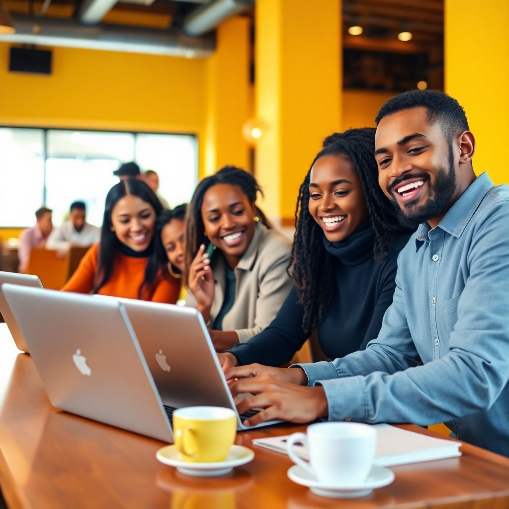 A bright and cheerful image of diverse individuals laughing and collaborating in a cafe over laptops while completing loan qualification surveys. Warm ambient lighting creates an engaging atmosphere, complemented by a vibrant color palette featuring yellows and oranges. Textures of wooden furniture and coffee cups add to the charm. The camera angle focuses on group interaction, showcasing a friendly and cooperative vibe.