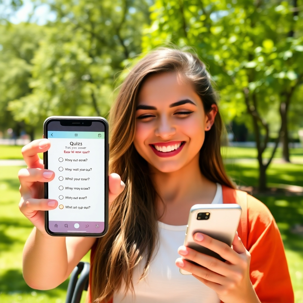 A bright, engaging image depicting a smartphone screen filled with three easy-to-answer questions. The user, a young adult, is smiling while interacting with the quiz in a sunny outdoor park for a relaxed feel. Lush greenery in the background complements the inviting atmosphere. The composition combines clarity and excitement, highlighting the quick nature of the quiz, ensuring the image radiates positivity and user engagement.