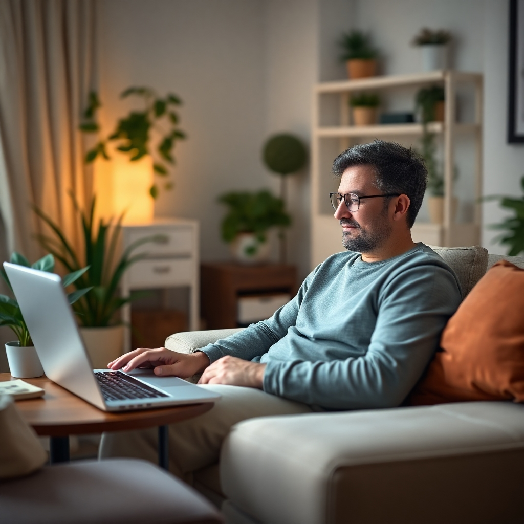 A calm, serene image of an individual relaxing in a cozy home office while completing the eligibility check on a laptop. Soft lighting creates a tranquil atmosphere, with houseplants and comfortable furniture contributing to the positive environment. The screen displays a progress bar, symbolizing the ease and speed of the process. The image reflects comfort and confidence in financial decisions, ensuring a high-quality visual appeal.