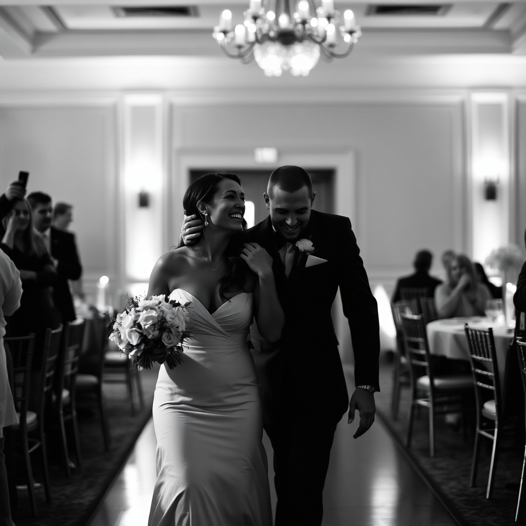 Bride and groom sharing a laugh in the reception