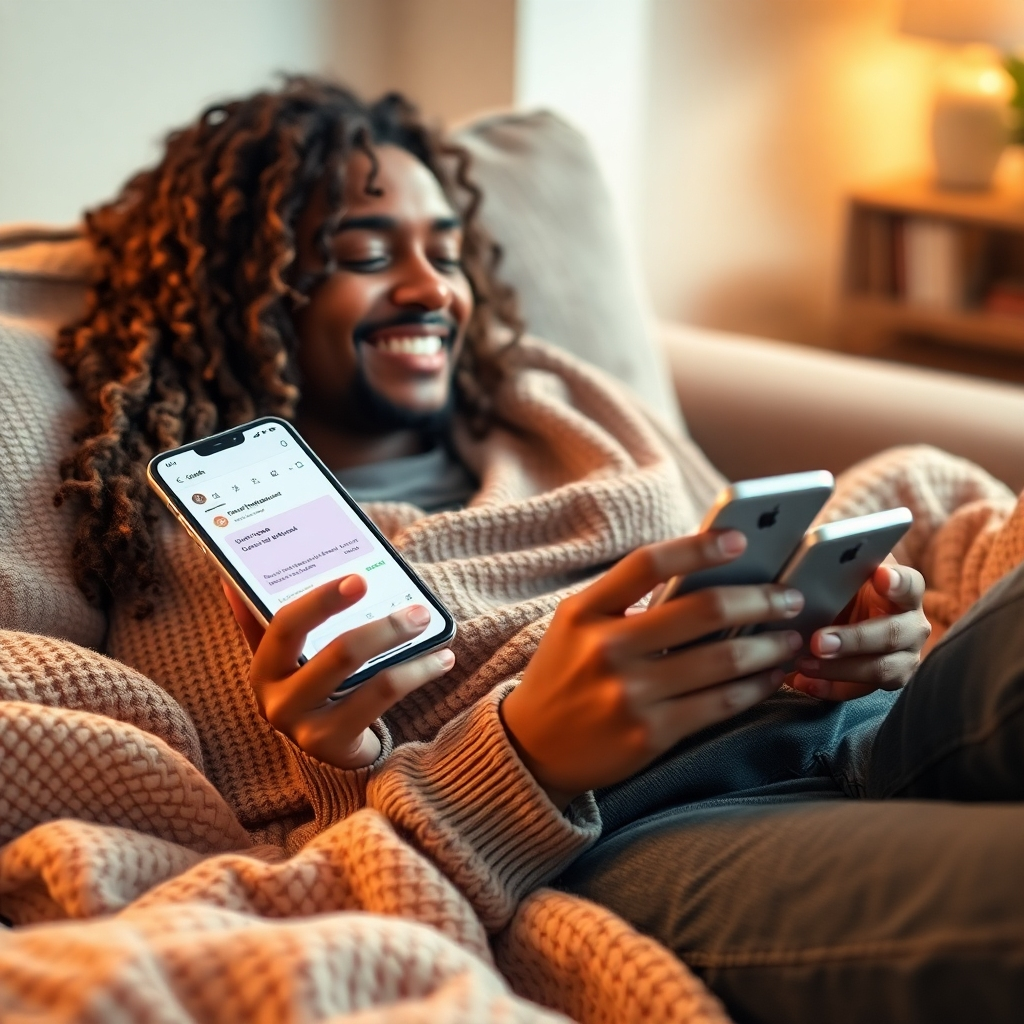 A comforting image of a user receiving loan offer notifications on their smartphone while relaxing on a sofa. Warm, soft lighting enhances coziness, while a palette of pastel colors encourages tranquility. Textures of warm blankets and modern tech devices should be evident. The camera angle can be a close-up that captures satisfaction on their face as they see options unfold.