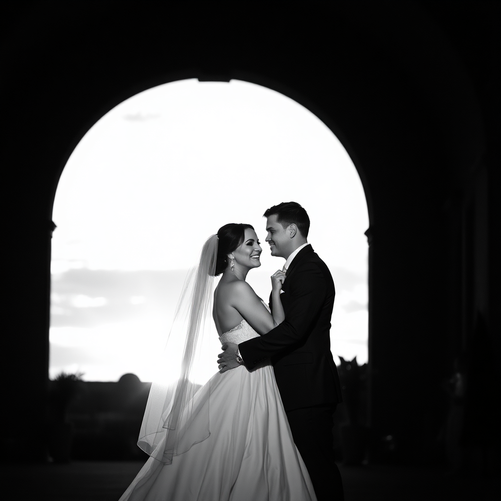 Bride and groom under arch at sunset