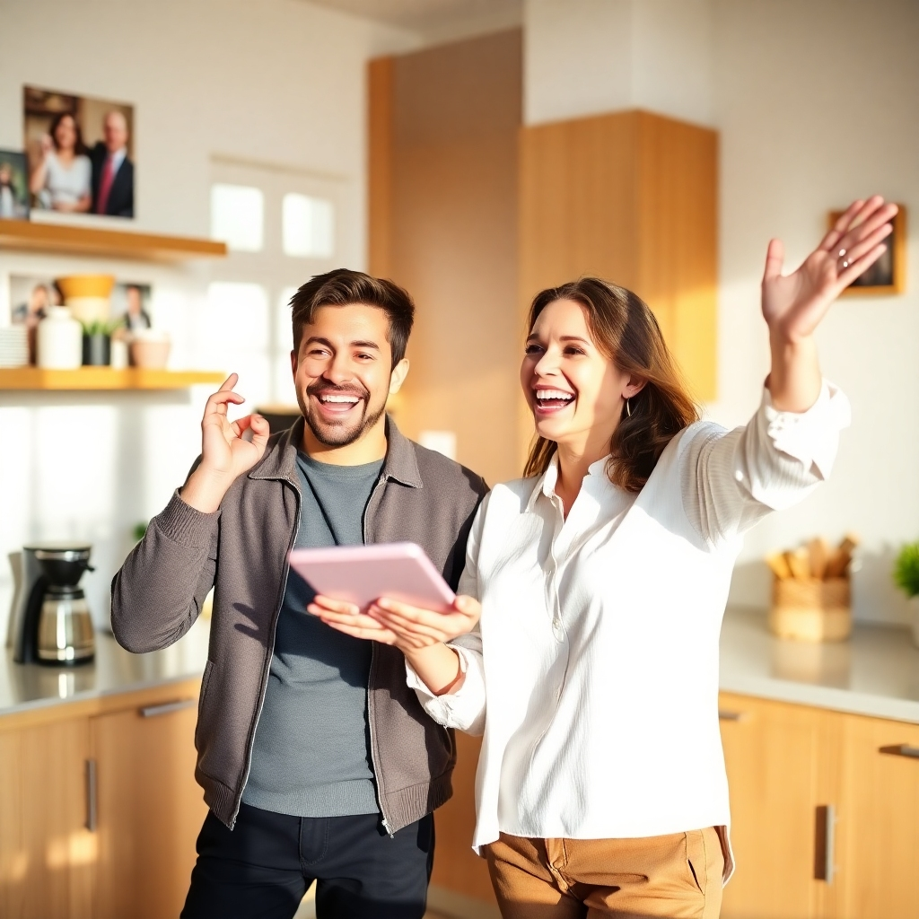 A dynamic image showcasing a young couple excitedly discussing their personalized loan options in a bright, modern kitchen. The scene should reflect warmth, with sunlight accentuating their expressions of enthusiasm. A color palette featuring warm earth tones invokes familiarity and comfort. Details like a coffee maker and family photographs on the wall add to the ambiance. The camera angle should focus on their expressions, highlighting their journey towards finding suitable financing.