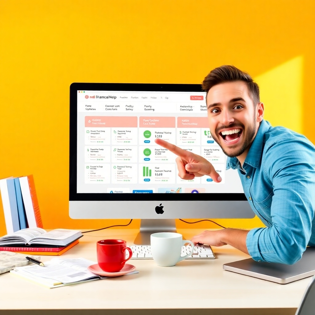 A dynamic image showing a computer screen filled with lender offers and a happy user pointing excitedly at potential loan options. The workspace is bright and well-organized with financial books and a coffee cup for added warmth. The focus is on the computer screen, with clear, colorful graphics illustrating various loan choices. This inviting imagery captures the excitement of being connected to real financial help, creating a vivid atmosphere of opportunity.