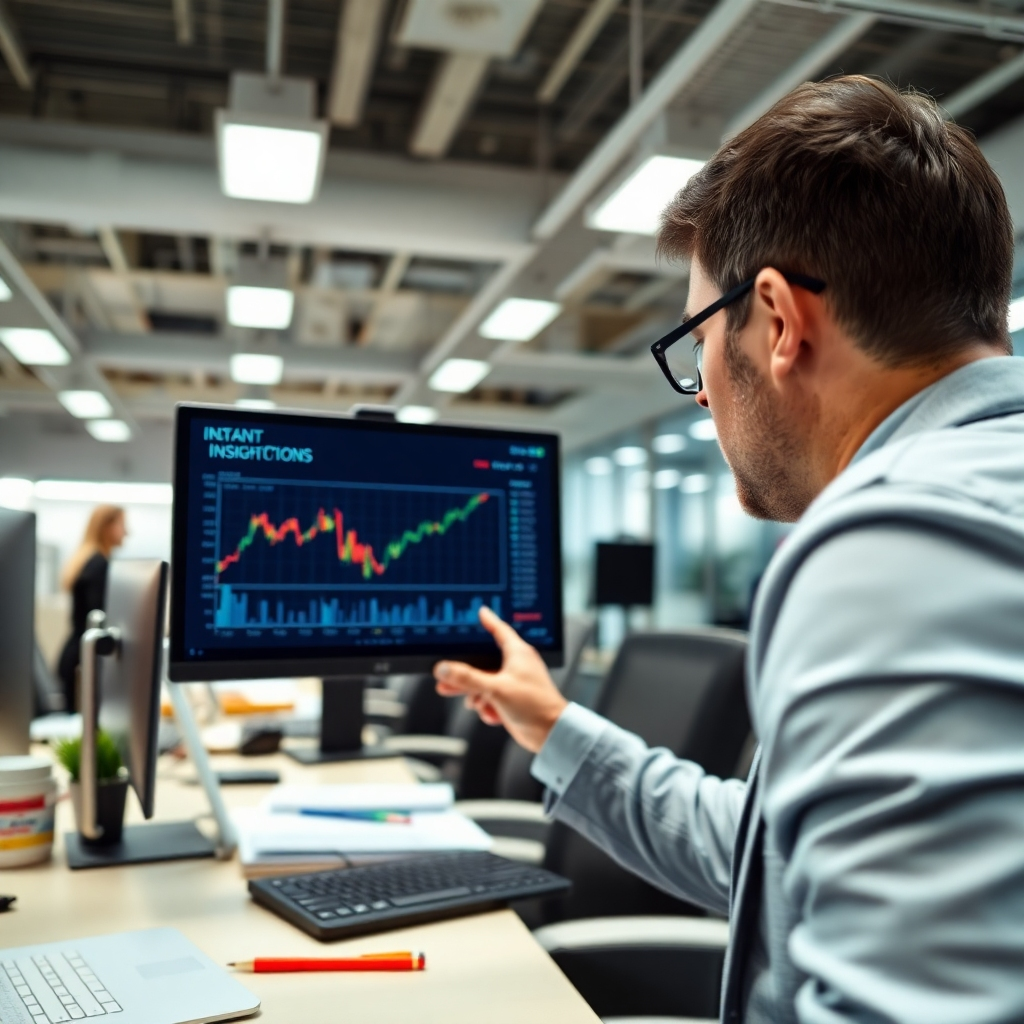 A high-quality image portraying a business professional in a busy office setting, accessing instant financial insights on a dual-screen setup. Bright overhead lights ensure clarity, with a color palette featuring deep blues and metallic silvers that denote professionalism. Textures from tech devices and office supplies should convey a sense of efficiency. The camera angle should illustrate focused concentration, underlining the fast-paced nature of financial decision-making.