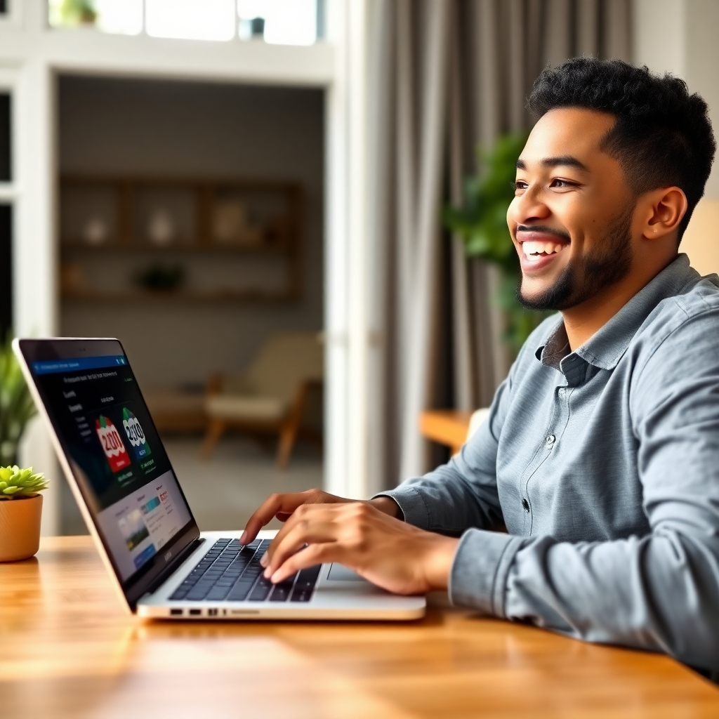 A high-quality image showcasing a person happily using a laptop at home to complete the eligibility check. The environment is bright and inviting, conveying a sense of ease and comfort. The laptop screen should display colorful graphics representing different loan offers, while the individual's expression reflects satisfaction and anticipation. The overall visual effect should resonate with the concept of convenience and quick access to personal loans.