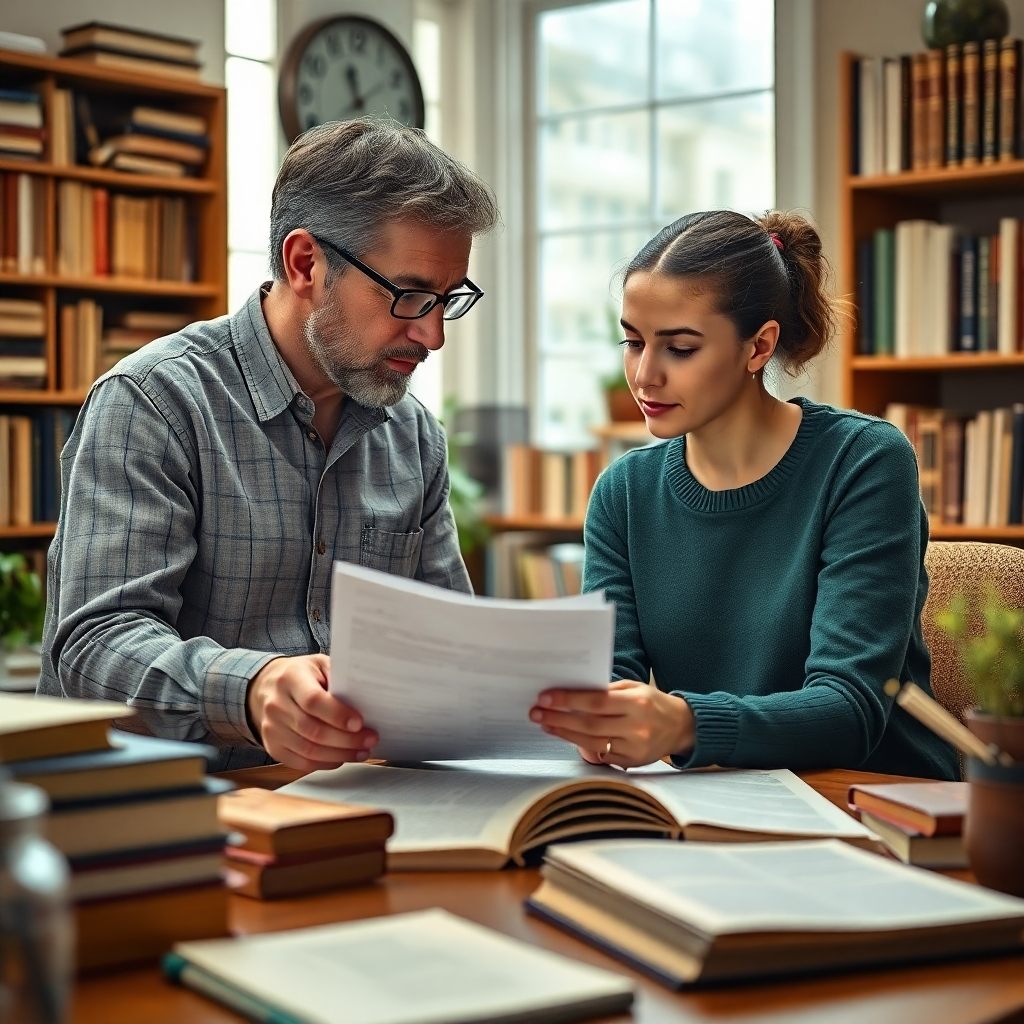 A photorealistic image capturing a mentor figure providing guidance to a young adult working through a loan application. The composition should be in a well-lit study filled with financial books and resources. A color palette of warm browns and greens evokes knowledge and growth. Textures in the decor should promote a sense of learning and support. The camera angle should reflect a mentor's perspective, conveying valuable assistance.