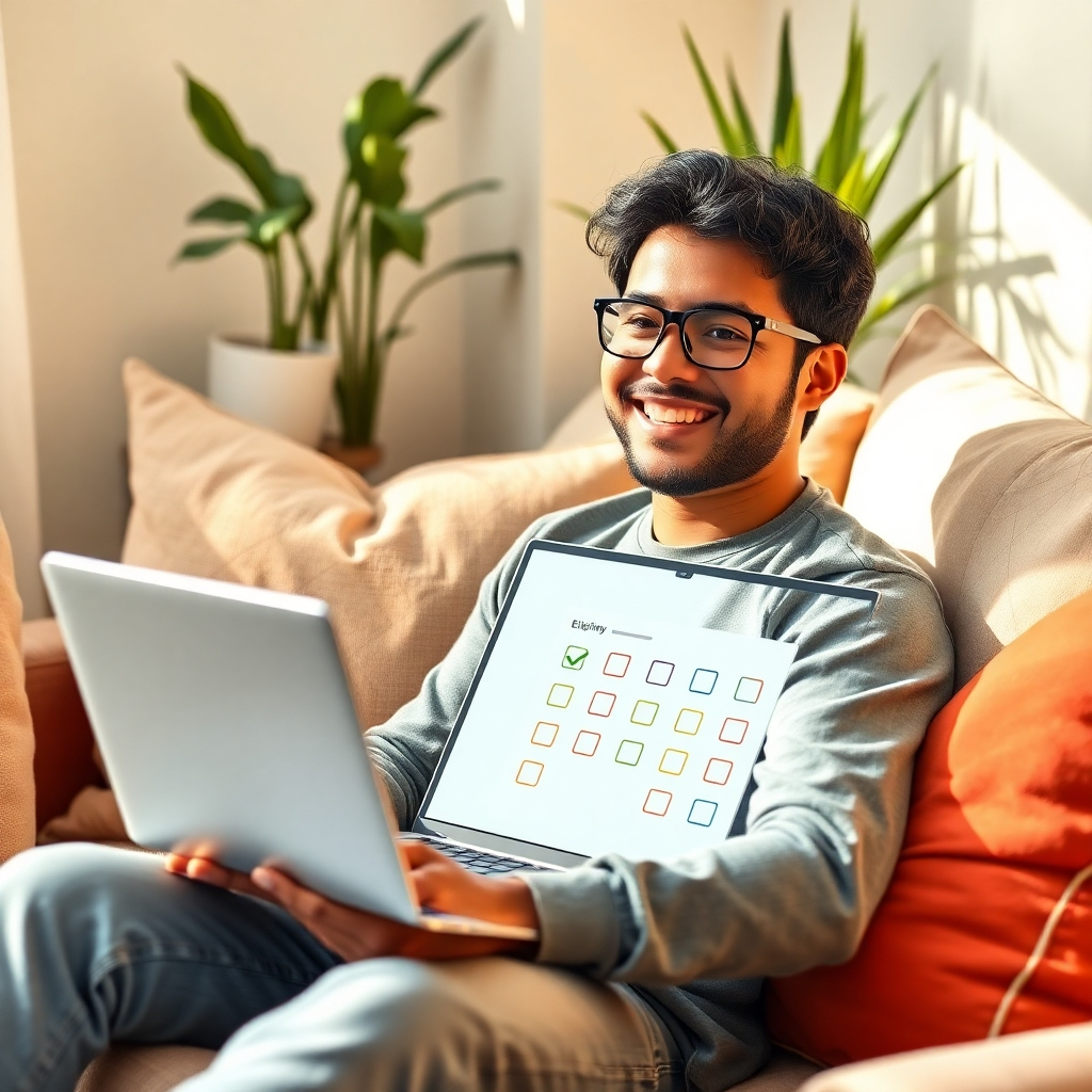 A photorealistic image of a friendly person sitting comfortably in a cozy corner with a laptop open, showcasing the quiz interface. The lighting is warm and inviting, with soft cushions and plants in the background. The laptop screen displays colorful questions with checkboxes, symbolizing user engagement. The composition focuses on the individual's relaxed demeanor, enhancing the theme of simplicity and ease in the eligibility check process. The image should be high quality and vibrant, emphasizing connection and accessibility.